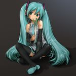  aqua_eyes aqua_hair aqua_nails detached_sleeves hatsune_miku headphones headset long_hair looking_at_viewer nail_polish necktie rustle sitting skirt smile solo spring_onion thighhighs twintails very_long_hair vocaloid zettai_ryouiki 