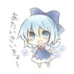  blue_eyes blue_hair blush bow chibi cirno hair_bow ice ice_wings lowres open_mouth short_hair smile snowflakes touhou wings yasiro 