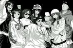  5girls angry baggy_clothes baggy_pants bandana bob_cut chain fang gang gangster genshiken glasses hat hato_kenjirou highres hip_hop hood hoodie hoodie_vest jewelry kuchiki_manabu long_hair looking_at_viewer madarame_harunobu monochrome multiple_boys multiple_girls music ogiue_chika oono_kanako otaku otoko_no_ko pants parody serious shade/nays singing sunglasses susanna_hopkins sweatshirt vest yajima_mirei yoshitake_rika 