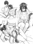  1girl animal_ears ass ass_grab blush breasts cat_ears cat_tail cleavage greyscale hetero hood hoodie lying medium_breasts monochrome no_pants off_shoulder on_stomach original panties paw_pose petting pom_pom_(clothes) side-by-side sitting sketch tail trembling underwear wavy_mouth yanagida_fumita 