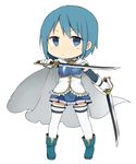  blue_eyes blue_hair cape chibi gloves looking_at_viewer magical_girl mahou_shoujo_madoka_magica miki_sayaka solo standing sword thighhighs tsuzuya_(knt31) weapon white_background white_gloves white_legwear 