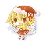  alternate_costume bag blonde_hair blush chibi christmas crystal fang flandre_scarlet hat lowres open_mouth red_eyes ribbon sack scarf short_hair side_ponytail smile touhou wings yasiro 