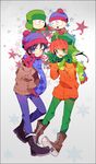  aria_r black_hair blue_eyes dual_persona gloves green_eyes grin hat jacket kyle_broflovski multiple_boys red_hair scarf smile south_park stan_marsh v 