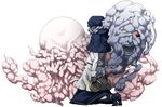  1girl clenched_teeth cloud hands_on_own_face hood hoop kneeling kumoi_ichirin mazeran open_mouth red_eyes shin_megami_tensei teeth touhou transparent_background unzan 