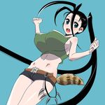  antenna_hair belt black_hair blue_eyes blush breasts casual hair_pulled_back high_ponytail huge_breasts ibuki_(street_fighter) impossible_clothes long_hair midriff nonjake open_mouth raccoon_tail short_shorts shorts shuriken solo street_fighter tail tank_top very_long_hair 