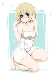  akata_itsuki barefoot blue_eyes blush brown_hair character_name glasses looking_at_viewer mikakunin_de_shinkoukei momouchi_mayura naked_towel one_knee short_hair smile solo towel 