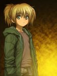  blonde_hair cal_devens child green_eyes highres hood hoodie looking_at_viewer phantom_of_inferno rustle short_hair solo 