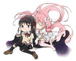  akemi_homura black_hair boots chibi crying dress hair_ribbon injury kaname_madoka long_hair mahou_shoujo_madoka_magica multiple_girls pantyhose pink_footwear pink_hair pink_legwear purple_eyes ribbon spoilers thigh_boots thighhighs torn_clothes torn_legwear tsuzuya_(knt31) ultimate_madoka very_long_hair white_background white_dress 