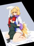  animal_ears barefoot blonde_hair blush bow breasts cat_ears cat_tail extra_ears fox_ears fox_tail hair_bow hat hug kaenbyou_rin large_breasts long_hair looking_at_viewer mizuga multiple_girls multiple_tails pointy_ears red_eyes red_hair short_hair smile straddling tail touhou upright_straddle yakumo_ran yellow_eyes yuri 