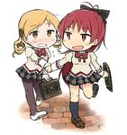  bag blonde_hair blush bow chibi drill_hair hair_bow loafers mahou_shoujo_madoka_magica multiple_girls pleated_skirt ponytail red_hair running sakura_kyouko school_bag school_briefcase school_uniform shoes skirt sweatdrop tomoe_mami tsuzuya_(knt31) twin_drills twintails white_background 