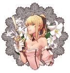  ahoge art_nouveau artoria_pendragon_(all) blonde_hair bow breasts caliburn cleavage fate/stay_night fate/unlimited_codes fate_(series) flower gloves green_eyes hair_bow jisue10 lily_(flower) long_hair medium_breasts ponytail saber saber_lily solo sword weapon white_gloves 