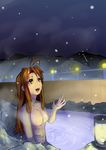  antenna_hair breasts brown_eyes brown_hair dated lantern long_hair love_hina mangaup medium_breasts narusegawa_naru no_nipples nude onsen partially_submerged revision snowing solo 