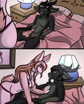  bed black_fur black_hair brown_hair caprine comic couple facial_hair female fur goat grey_eyes hair hand_on_chest horn lagomorph lamp lipidro lying male mammal nipples nude pillow pink_eyes pink_fur pink_nipples rabbit ranblush sabine sheets straight streaked_hair topless 