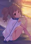  breasts brown_eyes brown_hair idolmaster idolmaster_(classic) jacket jacket_on_shoulders long_hair looking_at_viewer naked_track_jacket nude pool sitting small_breasts solo takatsuki_yayoi tousaki_umiko track_jacket twintails 