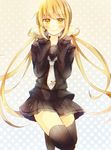  abandon_ranka black_skirt blonde_hair crescent grey_legwear kantai_collection long_hair long_sleeves low_twintails necktie satsuki_(kantai_collection) skirt smile solo thighhighs twintails very_long_hair yellow_eyes 
