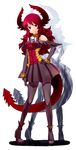  armor armored_dress bracelet breasts daizan_(mount_position) demon_girl demon_horns demon_tail elbow_gloves full_body gloves hand_on_hip horns jewelry long_hair maou_beluzel medium_breasts pantyhose red_eyes red_hair shadow skirt smile solo tail yuusha_to_maou 