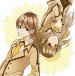  1girl blue_eyes brown_eyes brown_hair couple flower hare_(haaale) highres hisanuma_sayu isaki_kaname long_hair nagi_no_asukara school_uniform short_hair sunflower twintails two_side_up upside-down 