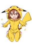  animal_costume barefoot blush_stickers brown_eyes brown_hair chigusa cosplay full_body gen_1_pokemon hair_ornament hairclip hood ikazuchi_(kantai_collection) kantai_collection long_sleeves open_mouth pikachu pikachu_(cosplay) pokemon pokemon_(creature) short_hair simple_background solo white_background 