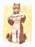  animal_ears blonde_hair blue_eyes boots breasts cat_ears collar english fangs full_body hakushi hellsing holding holding_sign large_breasts panties seras_victoria sign solo thighhighs topless trench_coat underwear vampire white_legwear 