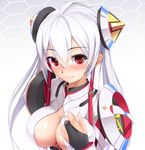  bangs breasts bridal_gauntlets cleavage closed_mouth eto eyebrows_visible_through_hair face hex_grid large_breasts long_hair looking_at_viewer matoi_(pso2) phantasy_star phantasy_star_online_2 red_eyes smile solo twintails white_background white_hair 