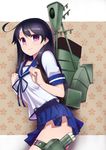  ahoge black_hair blush breasts kantai_collection kantaka long_hair looking_at_viewer medium_breasts purple_eyes school_uniform serafuku skirt solo ushio_(kantai_collection) 