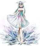  barefoot blue_hair closed_eyes crystal dress eim_(gaziko) halo long_hair original smile solo 