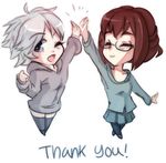  blue_eyes brown_hair chibi dysfunctional_systems glasses high_five multiple_girls one_eye_closed pantyhose rtil semi-rimless_eyewear short_hair silver_hair skirt smile thank_you thighhighs under-rim_eyewear waverly_ayre winter_harrison 