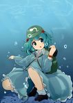  absurdres backpack bag blue_hair bracelet bubble dress hair_bobbles hair_ornament hands_up hat highres jewelry kawashiro_nitori key legs light_rays long_sleeves omotin open_mouth pocket shirt shoes short_hair skirt skirt_set smile socks solo sunbeam sunlight touhou two_side_up underwater watch wet wet_clothes wristwatch 