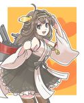  ahoge black_eyes brown_hair cannon hairband kantai_collection kongou_(kantai_collection) long_hair nontraditional_miko open_mouth salute shinope skirt solo thighhighs turret weapon wide_sleeves zettai_ryouiki 