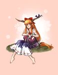  bangs barefoot blush bow chain cuffs dress gourd grass hair_bow highres horn_bow horns ibuki_suika long_hair looking_at_viewer low-tied_long_hair oni orange_eyes orange_hair paigeling pointy_ears ponytail shackles sidelocks sitting smile solo touhou very_long_hair wrist_cuffs 