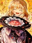  ^_^ apron banned_artist black_dress blonde_hair blush closed_eyes dress happy hat hat_removed hat_ribbon headwear_removed holding holding_hat kirisame_marisa kozou_(soumuden) long_hair open_mouth petals puffy_sleeves ribbon shirt short_sleeves simple_background smile solo touhou turtleneck waist_apron white_shirt witch_hat yellow_background younger 