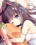  1girl animal_ears bangs bare_shoulders blue_bow blush bow breasts brown_hair bunny_ears carrot_pillow commentary_request eyebrows_visible_through_hair fingernails flower hair_bow hair_flower hair_ornament highres hoshi_(snacherubi) j long_hair looking_at_viewer lying on_side one_eye_closed original parted_lips pillow pillow_hug purple_eyes small_breasts solo strap_slip white_flower 