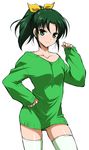  bare_shoulders blush green_eyes green_hair green_legwear green_shirt hand_on_hip looking_at_viewer midorikawa_nao naked_sweater ponytail precure shirt short_hair simple_background smile smile_precure! solo sweater thighhighs wauwa white_background 