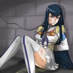  abuse against_wall arms_behind_back bangs bdsm black_hair blood blue_eyes bondage bound breast_bondage breasts bruise collar crying crying_with_eyes_open cuts dress epaulettes eyebrows hair_ornament hairclip highres injury jatts junketsu kill_la_kill kiryuuin_satsuki knees_together_feet_apart large_breasts leash long_hair nosebleed out_of_character pee peeing peeing_self rope sitting solo tears thighhighs 