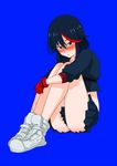  black_hair blue_background blue_eyes blush gloves highres kill_la_kill leg_hug matoi_ryuuko moguri_m multicolored_hair red_hair senketsu short_hair simple_background sitting skirt two-tone_hair 