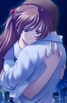  1girl brown_hair hairpods hug ikari_shinji long_hair neon_genesis_evangelion school_uniform souryuu_asuka_langley suzuno_kouya 