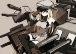  bismarck_(kantai_collection) blonde_hair blue_eyes breasts brown_gloves detached_sleeves gloves hat kantai_collection long_hair looking_at_viewer medium_breasts military military_hat military_uniform peaked_cap rin_(royal) smile solo thighhighs uniform 