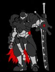  ambiguous_gender armor bfs big_sword bipedal cape compensating_for_something humanoid man_in_the_armor plain_background powered_armor red_eyes shoulders_of_doom sword weapon 