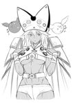  :&lt; :3 belt beltbra breasts cape creature dark_skin dr.p greyscale guilty_gear guilty_gear_xrd hat jitome large_breasts long_hair monochrome ramlethal_valentine short_shorts shorts solo underboob 