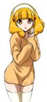 :o blonde_hair blush hairband kise_yayoi looking_at_viewer naked_sweater open_mouth precure short_hair simple_background smile_precure! solo sweater thighhighs wauwa white_background white_hairband yellow_eyes yellow_legwear 