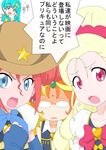  bindi bow commentary_request cowboy_hat cure_art earrings forehead_jewel glasses gobanme_no_mayoi_neko happinesscharge_precure! hat highres jewelry multiple_girls orange_haired_cure_(wonderful_net_precure)_(happinesscharge_precure!) pink_bow precure red_haired_cure_(bomber_girls_precure)_(happinesscharge_precure!) translation_request 