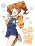  birthday brown_hair character_name dated green_eyes happy_birthday idolmaster idolmaster_(classic) mauve overall_skirt short_hair smile solo takatsuki_yayoi twintails 