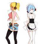  absurdres apron arms_behind_back bad_id bad_pixiv_id belt black_legwear blonde_hair blue_hair breasts choker coshiro digital_media_player frills grado_labs headphones highres long_hair maid maid_headdress mouth_hold multiple_girls orange_eyes original shirt short_hair short_ponytail shorts small_breasts straw_(stalk) thighhighs tied_shirt waist_apron white_legwear zettai_ryouiki 