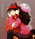  1girl black_hair blue_eyes cheek_kiss english hat heart hetero jacket kiss long_hair one_eye_closed pantyhose south_park stan_marsh wendy_testaburger wince yyy246 