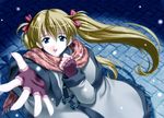  alternate_hairstyle blue_eyes bow brown_hair fingerless_gloves gloves hair_bow long_coat long_hair looking_at_viewer neon_genesis_evangelion outstretched_hand scarf skirt snowing solo souryuu_asuka_langley suzuno_kouya twintails winter_clothes 