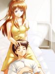  1girl brown_hair dress ikari_shinji lap_pillow neon_genesis_evangelion off_shoulder purple_eyes sleeping smile souryuu_asuka_langley strap_slip suzuno_kouya yellow_dress 