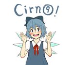 1girl :d bangs blouse blue_dress blue_eyes blue_hair blush bow character_name cirno dress fairy grin hair_bow open_mouth paigeling pointy_ears puffy_short_sleeves puffy_sleeves short_hair short_sleeves smile solo text_focus touhou white_background wings 