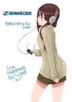  absurdres brown_eyes brown_hair cable digital_media_player engrish headphones highres long_hair miniskirt original product_placement ranguage ribbed_sweater saiho sennheiser skirt solo sweater 