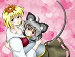  ahoge animal_ears blouse blush breasts capelet dress eyebrows fingernails hair_ornament heart heart_background hug large_breasts lips looking_at_viewer looking_up mouse_ears mouse_tail multicolored_hair multiple_girls nazrin oldschool pink_background red_eyes short_hair smile tail toramaru_shou touhou two-tone_hair xiaolong_(touhoufuhai) yellow_eyes yuri 