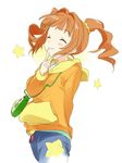  asoka blush brown_hair hair_ornament hood hoodie idolmaster idolmaster_(classic) long_hair orange_hair smile solo star takatsuki_yayoi twintails 